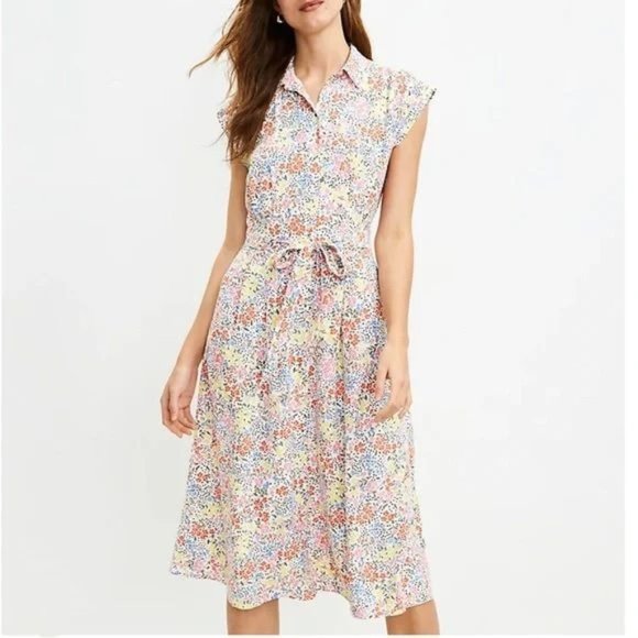 LOFT Dresses & Skirts - Loft Floral Midi Pocket Short Sleeve Waist Tie Shirtdress 10 Petite